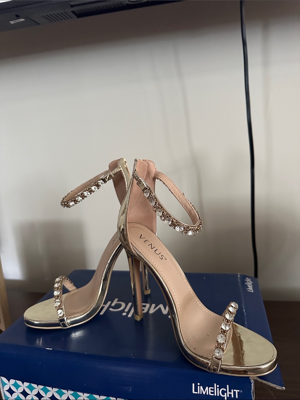 VENUS Gold Crystal-Ankle Stiletto Sandals